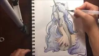 drawing unicorn girl with watercolor