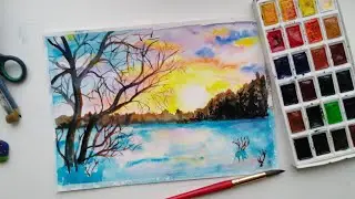 Закат, зимний пейзаж акварелью