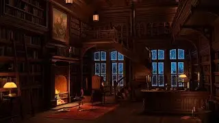 Winter Bookstore Ambience with Muffled Jazz Music Playing Slowly and Crackling Fireplace