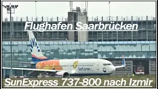 SunExpress 737-800 startet vom verregnetem Flughafen Saarbrücken nach Izmir