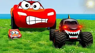Big Lightning McQueen VS Angry Monster Trucks in BeamNG.drive