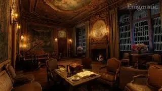 Ancient Library Ambience & Fireplace with Dark Piano Music in Night