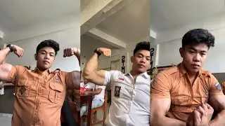 big muscular boy, flexing muscles in class.