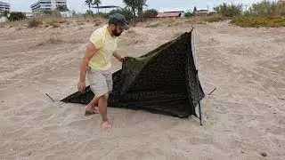 DIY simple tent fully enclosed with floor from square canvas sheet - pitching up in less then 2min