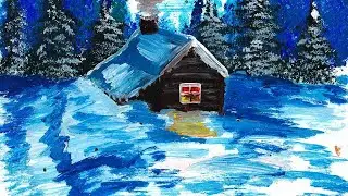 Как нарисовать зимний пейзаж поэтапно, красками гуашь. Мастер класс, рисуем деревенский домик легко.