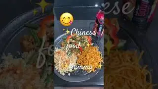 😋Vegetable rice, string beans and chicken stirfry, sweet chili noodles ￼😋