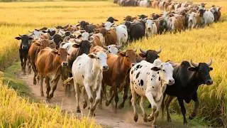 Cows graze in the golden ripe rice fields - Cow mooing - Video of cows