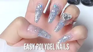 Easy Glitter Polygel Nails with Tips | How to DIY Nail Extension with Lazy Girl Method