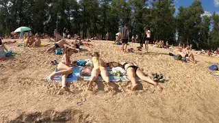 Crowds of people on the beach. Venice Beach, Kyiv Hydropark