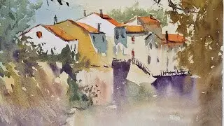 Houses by the river  - full watercolour tutorial