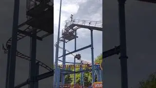 The spinning roller coaster at Alton towers going down its first drop