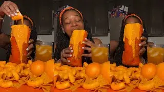 ORANGE Food Mukbang ! Huge Chipotle Burrito , Cheese Sauce , & More 🧡
