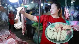 Mommy Sros buy Pig Intestine to cook and eat | Market Show | Mommy cooking skill
