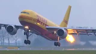 DHL A300-600F BIRDSTRIKE & FLAMES From The Engine On Take-off, At Amsterdam Schiphol Airport