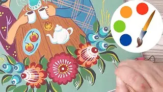 Paint a Flower garland in the Gorodets style