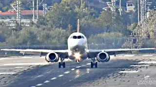 Why would an airplane rear up on landing? The Superjet arrived and flew away.