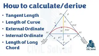 Calculating Tangent length, Long chord, External ordinate, Mid ordinate and Length of Circular Curve