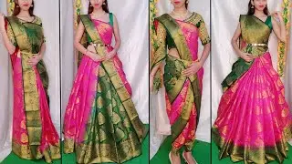 SILK BANARASI SAREE DRAPING IN 5 STYLE'S|HALF SAREE DRAPING STYLES|STYLE YOUR SAREE WITH LEHENGA|