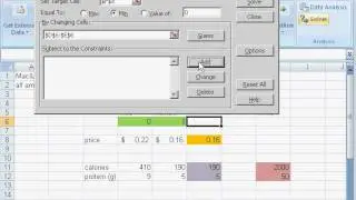 Setting up and solving the Diet Problem linear program in Excel 2007 Solver