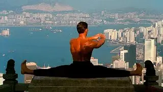 Jean Claude van Damme is sitting on the splits. Bloodsport