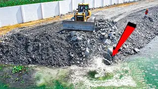 Part 2 Bulldozer Push Big Stone Into Water Building New Road In Lake And Dump Truck Filling Up