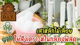 D.I.Y by หมึกยักษ์..หลักไม้เลื้อยจากเศษใยสังเคราะห์ในกล่องพัสดุ