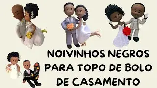 Topos de bolo de casamento noivinhos negros em biscuit