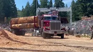 log trucks show prize loads & stage for wrapper throwing at the 2024 Deming logging show.