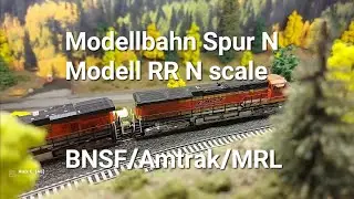 BNSF Earthworm has to stop for fast Amtrak and a meet with MRL train | Model Railroad N scale