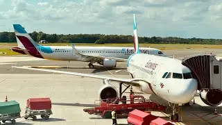 Eurowings Airbus A320 taking off from Hamburg Airport