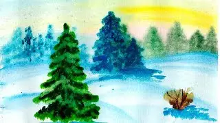 Как нарисовать лес зимой акварельными красками. Мастер класс, зимний пейзаж акварелью, поэтапно.