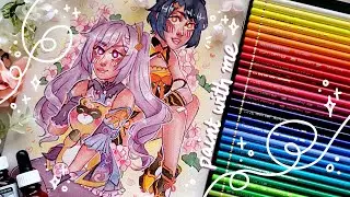 ﾐ☆ Keqing & Xiangling Ink Illustration