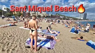 Sant Miquel Beach🌊⛱️Hot Day🔥☀️Barcelona🇪🇸 4k Walk