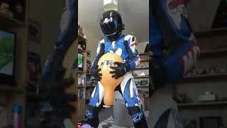 Balloon popping fun in biker gear pump to pop, squeeze pop and sit pop