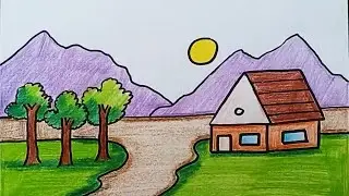 Easy landscape drawing for kids and beginners | Landscape drawing | House and nature drawing