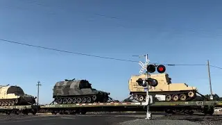 BNSF 5881 Military Train With 2 Norfolk Southerns North - W. Kile Rd. Railroad Crossing, Thornton CA