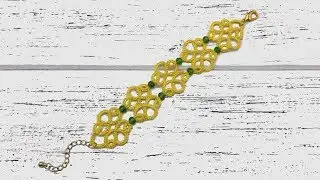 Needle tatting. Yellow bracelet with crystal beads / Фриволите иглой. Желтый браслет с бусинами