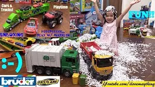 Toy Trucks Unboxing! Bruder Garbage Truck and Dump Truck. A Car Carrier Truck and Monster Truck