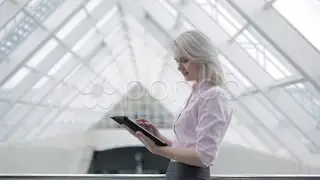Nice Young Business-Lady Works With The Laptop Pad. Stock Footage