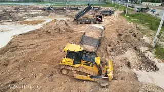 Huge Land Filling Up Bulldozer Clearing Land Dump Truck Moving Large Capacity Unloading