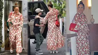 Jennifer Lopez Rocks Colorful Maxi Dress and Platform Heels for Lunch with Twins in LA