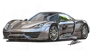 Realistic Car Drawing - Porsche 918 - Time Lapse
