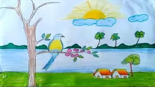 বসন্ত কালের দৃশ‍্য | Spring Season Village Scenery | বসন্তকালের গ্রামের দৃশ্য আঁকা ও রং করার উপায়