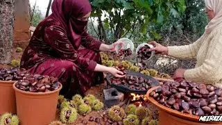 Living in the villages of Algeria, harvesting chestnuts and roasting them in a clay pot