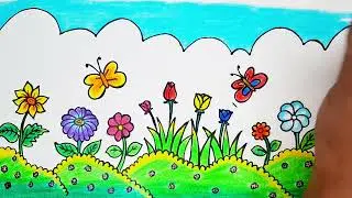 how to draw beautiful garden | flowers garden drawing | colorful garden drawing | #garden evas art