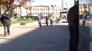 Russian sbk amputee girl walking with one crutch