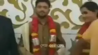 Funny wedding, Guests kissing Bride and Groom