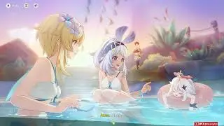 Lumine, Mualani and Paimon at the hotsprings