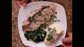 Steak Diane with Mashed Potatoes and Sautéed Spinach