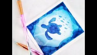 EASY Watercolor painting for beginners | How to paint a green sea turtle silhouette